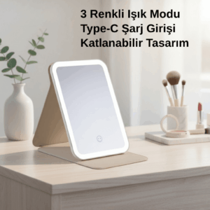Katlanabilir LED Işıklı Makyaj Aynası – 60° Ayarlanabilir, 3 Renkli
